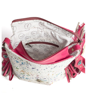 Myra Rosa Verde Hand Tooled Leather Sling Bag for Women â€“ Pink Floral Western Flap, Fringe Sides, Speckled Print Body, Myra USA - A Blissfully Beautiful Boutique