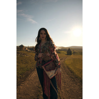 Myra Rosa Verde Hand Tooled Leather Sling Bag for Women â€“ Pink Floral Western Flap, Fringe Sides, Speckled Print Body, Myra USA - A Blissfully Beautiful Boutique