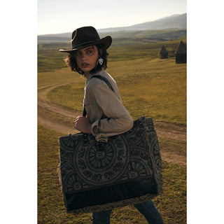 Myra Carmela Printed Canvas Weekender Bag â€“ Leather Handles with Buckle Strap, Spacious Travel Tote for Western Getaways, Myra USA - A Blissfully Beautiful Boutique