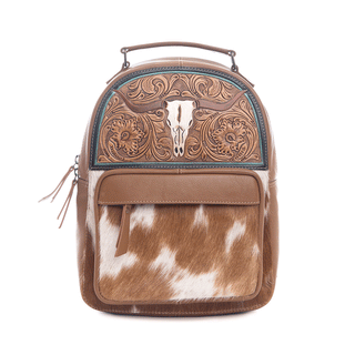 Myra Steer Creek Hairon Backpack for Women – Handtooled Leather, Cowhide Front Pocket, Rustic Western Charm, Myra USA - A Blissfully Beautiful Boutique