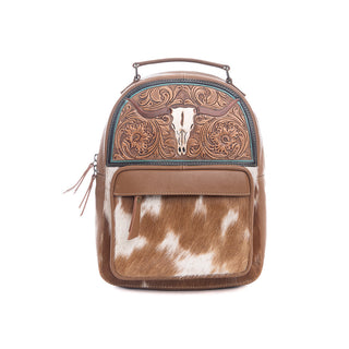 Myra Steer Creek Hairon Backpack for Women – Handtooled Leather, Cowhide Front Pocket, Rustic Western Charm, Myra USA - A Blissfully Beautiful Boutique