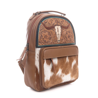 Myra Steer Creek Hairon Backpack for Women – Handtooled Leather, Cowhide Front Pocket, Rustic Western Charm, Myra USA - A Blissfully Beautiful Boutique