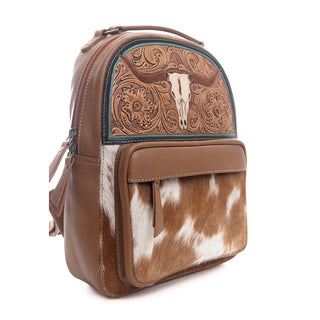 Myra Steer Creek Hairon Backpack for Women – Handtooled Leather, Cowhide Front Pocket, Rustic Western Charm, Myra USA - A Blissfully Beautiful Boutique