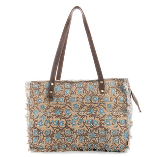 Myra San Ysidro Falls Floral Weekender Bag for Women â€“ Distressed Fabric, Leather Handles & Rustic Fringe Details, Myra USA - A Blissfully Beautiful Boutique
