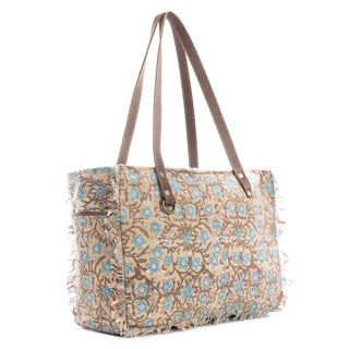 Myra San Ysidro Falls Floral Weekender Bag for Women â€“ Distressed Fabric, Leather Handles & Rustic Fringe Details, Myra USA - A Blissfully Beautiful Boutique