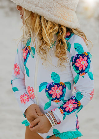 Mia White Turtle Zip Rash Guard Swimsuit
