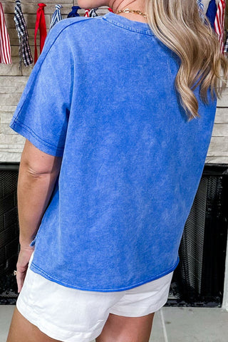 Sky Blue Patriot Star Patched Notched Neck Mineral Washed Tee, Dear-Lover Dropshipping - A Blissfully Beautiful Boutique