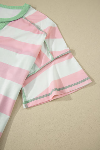Pink Stripe Exposed Seam Ribbed Patchwork Oversized Tee, Dear-Lover Dropshipping - A Blissfully Beautiful Boutique