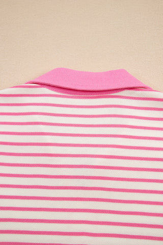 Pink Stripe Collared V Neck Drop Shoulder Pullover and Skort 2pcs Outfit