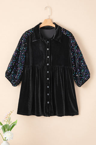 Black Sequin Puff Sleeve Buttoned Velvet Peplum Shirt