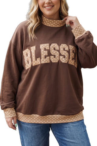 Coffee Plus Size Polka Dot Trim Mock Neck BLESS Graphic Sweatshirt