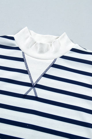 Blue Stripe Striped Stand Neck Long Sleeve Ribbed Cuff Hem Sweatshirt