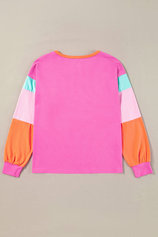 Rose Red Colorblock Patchwork Long Sleeve Loose Top