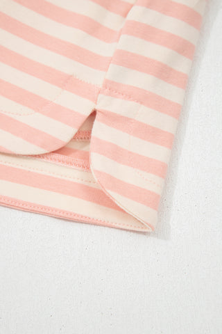 Pink Stripe Contrast Neck Loose Tee and Drawstring Shorts Set