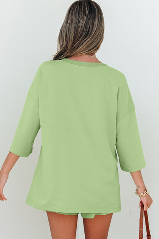 Meadow Mist Green Solid Loose V Neck Half Sleeve Tee and Shorts