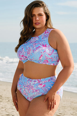 Sky Blue Plus Size Floral Print Twisted High Waist Bikini Set