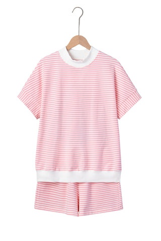 Pink Stripe Cuffed Sleeve Contrast Mock Neck Tee Casual 2pcs Short Set, Dear-Lover Dropshipping - A Blissfully Beautiful Boutique