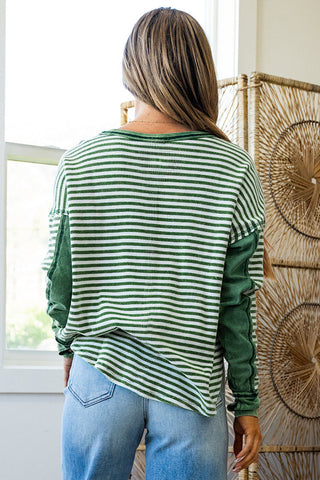Green Stripe Thermal Knit Drop Shoulder Casual Top