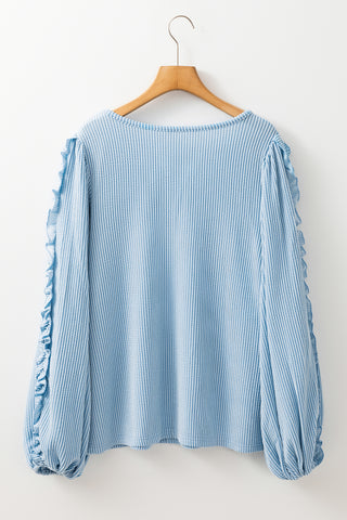 Mist Blue Corded Frilly Puff Sleeve Round Neck Blouse