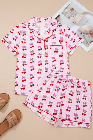 Pink Cherry/Bow Print Short Pajama Set, Dear-Lover Dropshipping - A Blissfully Beautiful Boutique