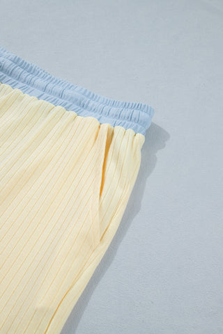 Yellow Cream Plus Size Ribbed Color Block Trim Drawstring Shorts 2pcs Set, Dear-Lover Dropshipping - A Blissfully Beautiful Boutique
