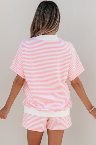 Pink Stripe Cuffed Sleeve Contrast Mock Neck Tee Casual 2pcs Short Set, Dear-Lover Dropshipping - A Blissfully Beautiful Boutique