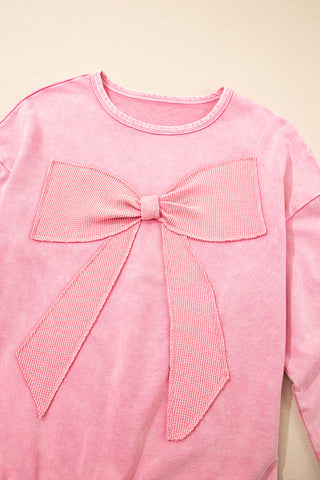 Bright Pink Mineral Wash Big Bow Patchwork Pullover Sweatshirt