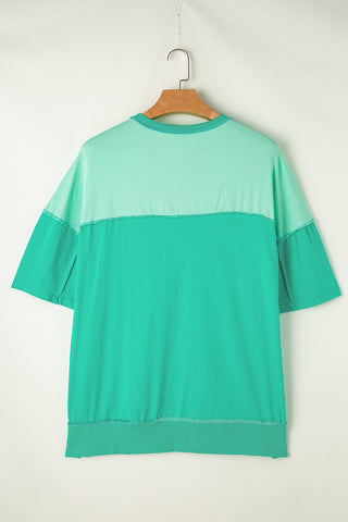 Bright Green Contrast Color Patchwork Half Button T Shirt