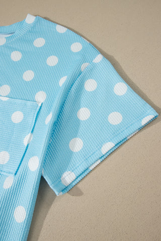 Sky Blue Twisted Rib Polka Dot Print Plus Size T Shirt, Dear-Lover Dropshipping - A Blissfully Beautiful Boutique