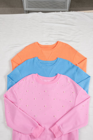 Blossom Pearled Sleeves Drop Shoulder Round Neck Pullover Sweatshirt