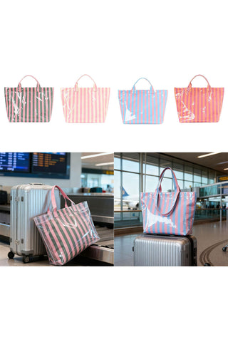 Rose Red Glossy Striped Vinyl Large Tote Bag, Dear-Lover Dropshipping - A Blissfully Beautiful Boutique