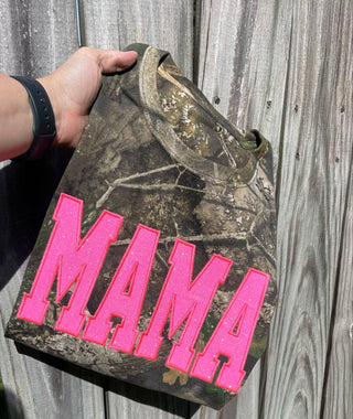 Realtree Camo Neon Pink Mama Glitter Applique Embroidered T-Shirt, Merch Girls - A Blissfully Beautiful Boutique