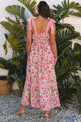Pink Floral Lace Tied Strap Empire Waist Maxi Dress, A Blissfully Beautiful Boutique - A Blissfully Beautiful Boutique