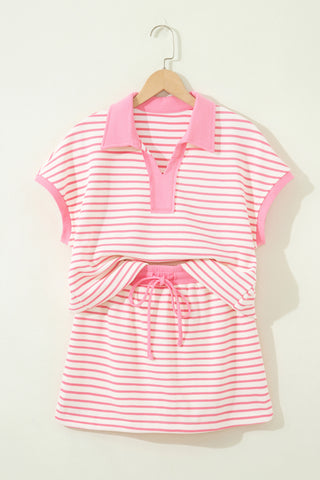 Pink Stripe Color Block Patchwork Polo Tee Drawstring Elastic Waist 2pcs Skort Set, Dear-Lover Dropshipping - A Blissfully Beautiful Boutique