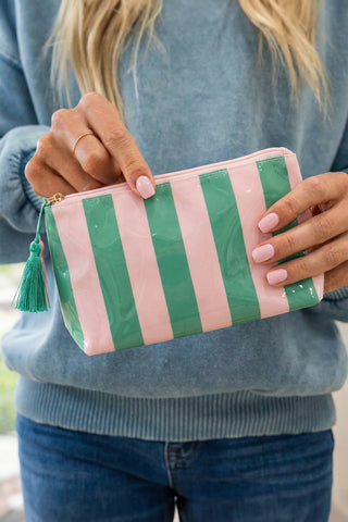 Dark Green Striped Vinyl Waterproof Tassel Zipper Makeup Bag, Dear-Lover Dropshipping - A Blissfully Beautiful Boutique