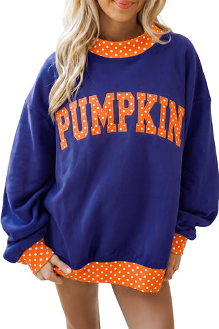 Dirty blue Polka Dot Letter Print Contrast Trim Mock Neck Sweatshirt