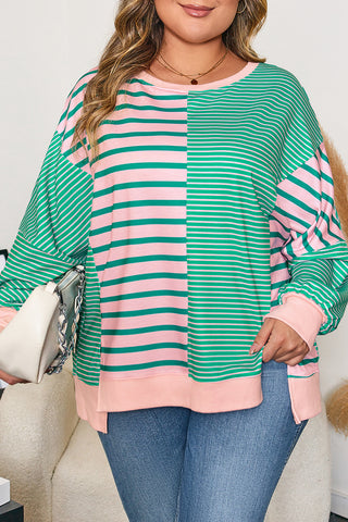 Green Stripe Color Block Exposed Seam Side Slit Plus Size Sweatshirt
