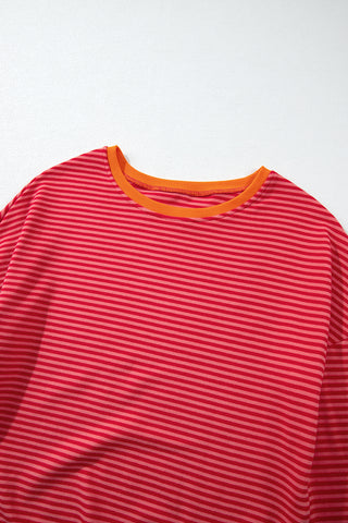 Tomato Red Two Tone Striped Side Buttons Drop Shoulder Top