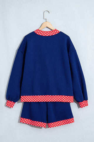 Navy Blue Polka Dot Trim Baggy Pullover 2pcs Short Set