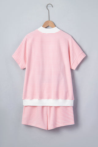 Pink Stripe Cuffed Sleeve Contrast Mock Neck Tee Casual 2pcs Short Set, Dear-Lover Dropshipping - A Blissfully Beautiful Boutique