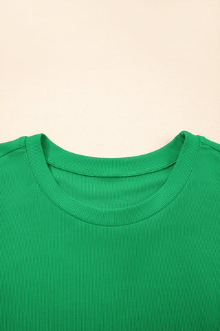 Bright Green Ribbed Pearl Beaded Puff Sleeve Top