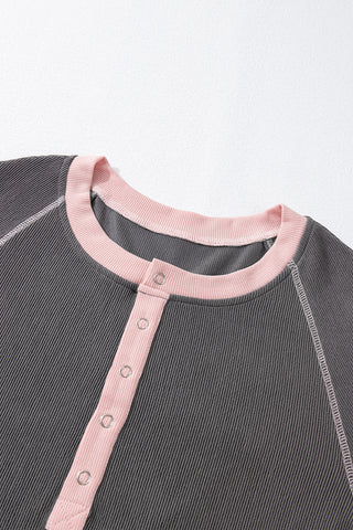 Carbon Grey Textured Contrast Stitching Henley Top