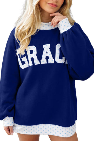 Dirty blue Polka Dot Trim High Neck GRACE Letter Graphic Baggy Sweatshirt
