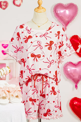 Red Romantic Bow Print Loose Tee Drawstring Shorts 2pcs Lounge Set, Dear-Lover Dropshipping - A Blissfully Beautiful Boutique