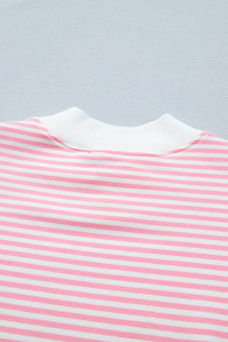 Pink Stripe Cuffed Sleeve Contrast Mock Neck Tee Casual 2pcs Short Set, Dear-Lover Dropshipping - A Blissfully Beautiful Boutique
