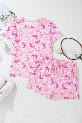 Pink Western Boots Printed Short 2pcs Lounge Set