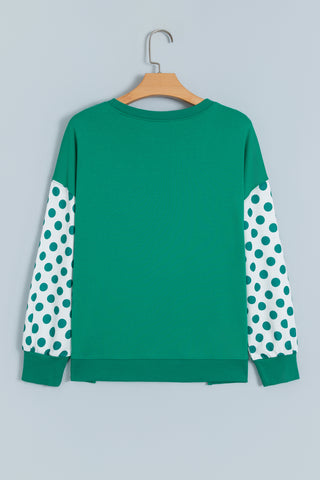 Green Polka Dot Patchwork Sleeve Crew Neck Loose Pullover Sweatshirt
