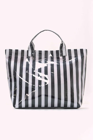 Color black Glossy Striped Vinyl Large Tote Bag, Dear-Lover Dropshipping - A Blissfully Beautiful Boutique