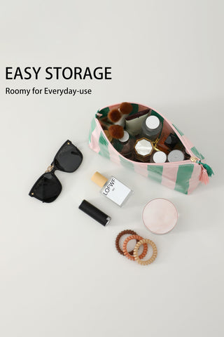 Dark Green Striped Vinyl Waterproof Tassel Zipper Makeup Bag, Dear-Lover Dropshipping - A Blissfully Beautiful Boutique