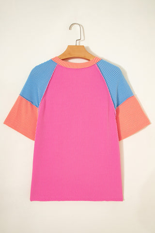 Rose Red Color Block Twisted Ribbed Tee, Dear-Lover Dropshipping - A Blissfully Beautiful Boutique